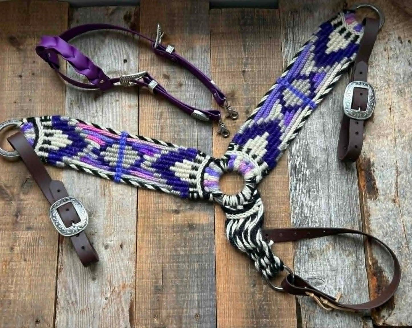 Genuine mohair halter & breastplate set – Biothane bridle & reins (Purple)