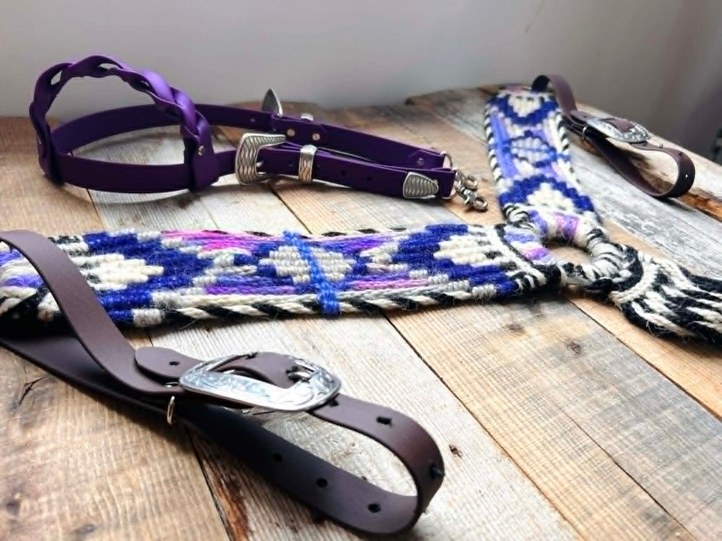 Genuine mohair halter & breastplate set – Biothane bridle & reins (Purple)