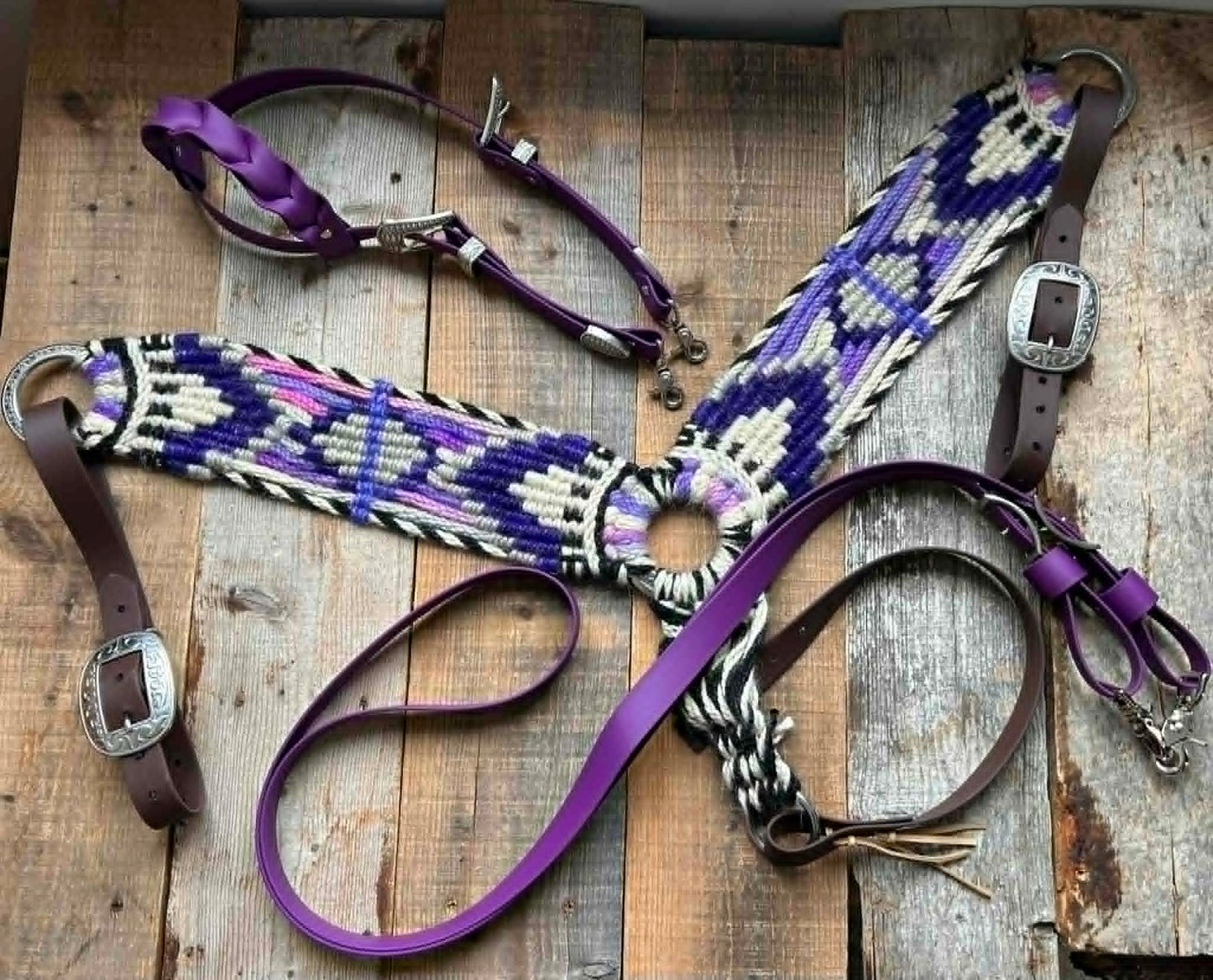 Genuine mohair halter & breastplate set – Biothane bridle & reins (Purple)